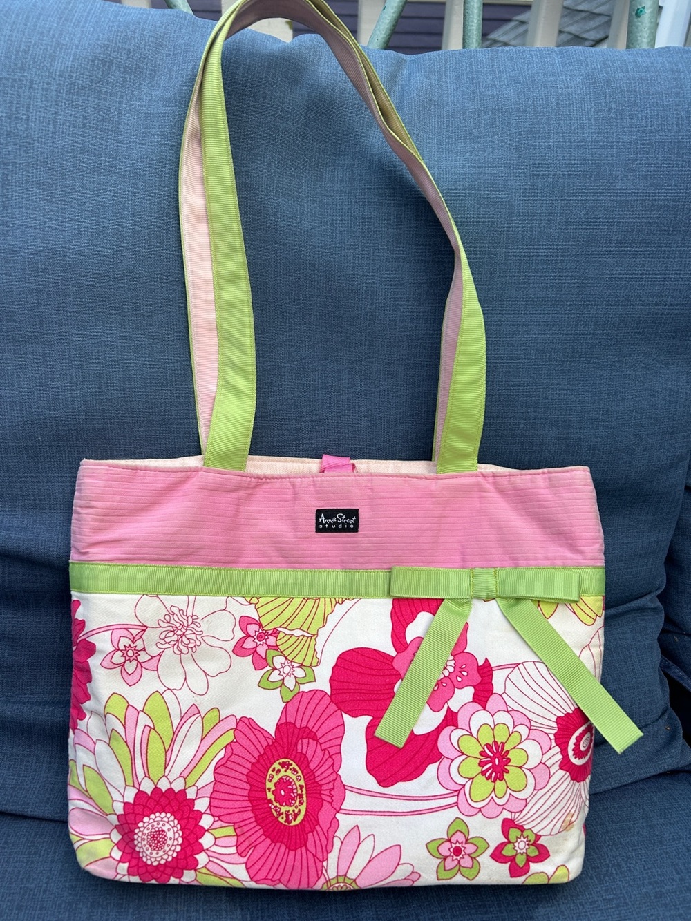 Anna Street Studio Pink and Lime Floral Tote with Ribbon Detail